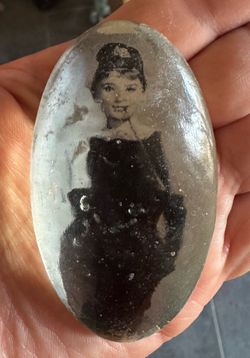 One of a kind Hand Made Audrey Hepburn oval opaque glass paperweight