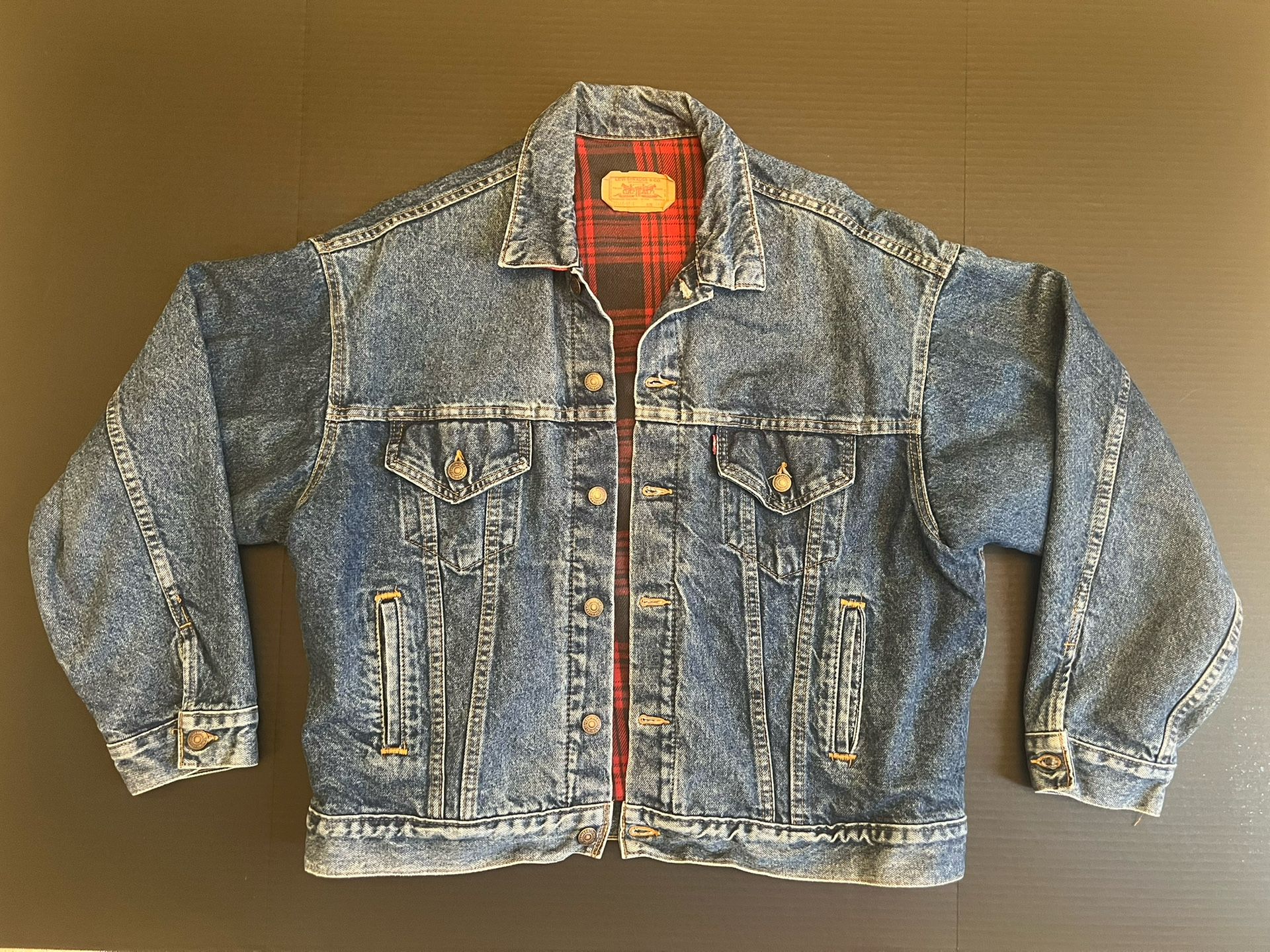Vtg 80s Levi's 71(contact info removed) Blue Denim Buffalo Plaid Flannel Lined Trucker Jacket USA XL