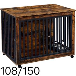 🔥Dog Crate Furniture, Dog House Indoor with Feeding Bowl and Wheels, Wood Dog Crate Dog Kennels Decorative Dog Crate for Small Medium Dogs Brown 43.7