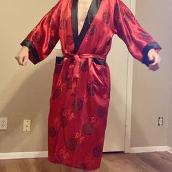 Mens Robe Red Embroidered Dragon Silky Satin Chinese Asian Japanese Kimono Wrap