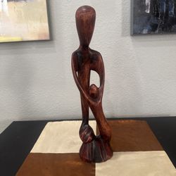 Carved  Mahogany Wooden Abstract Of Parent/Child Sculpture 16.5 X 4 In. Mid-cent