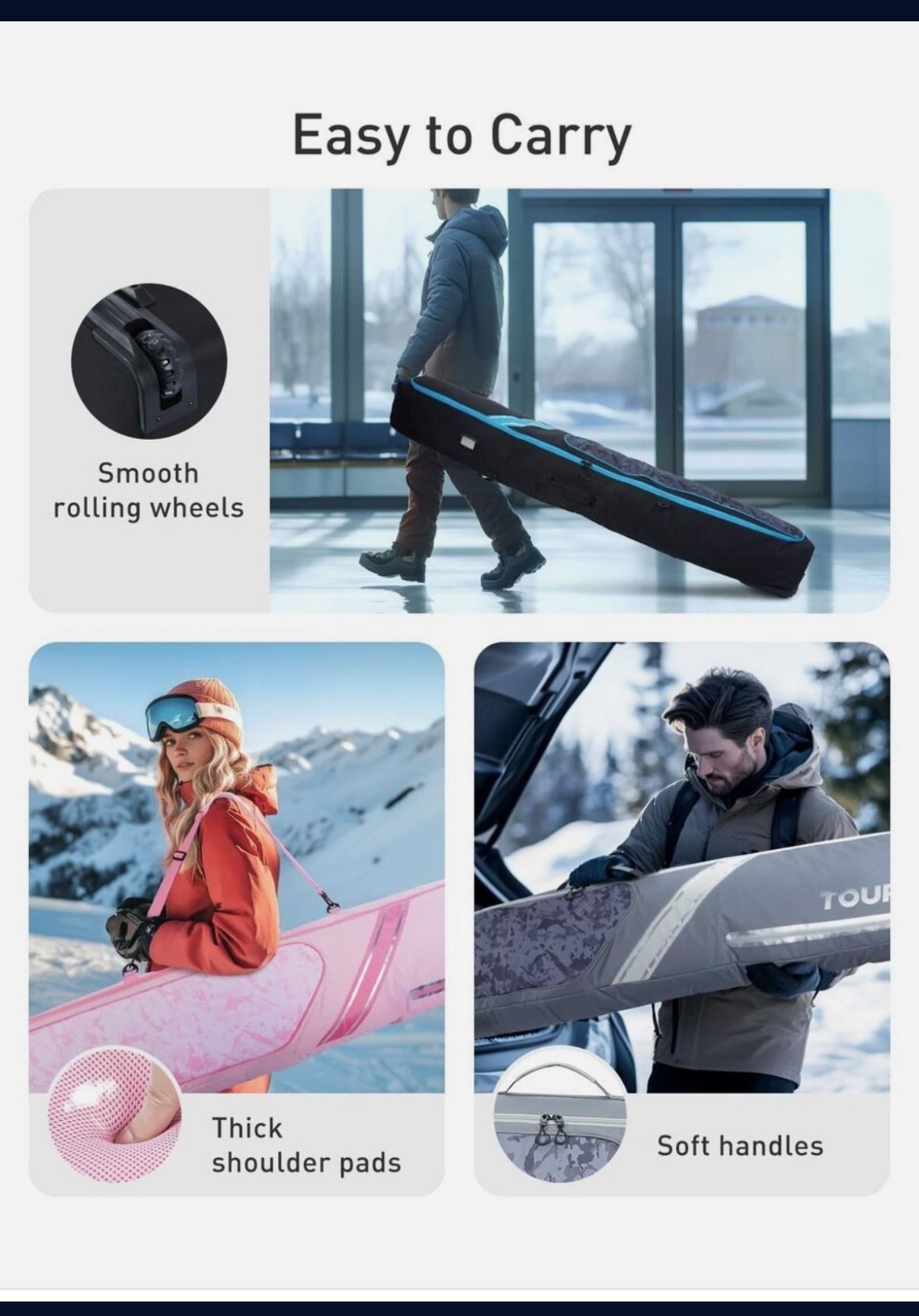 New TOURIT Rolling Double Ski Bag, Fully Padded Snowboard Bag with Wheels. 195*25*37cm.