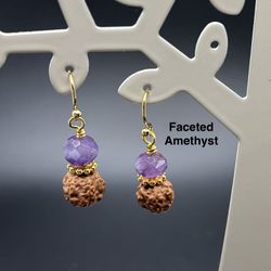 Rudraksha & Faceted Amethyst Genuine Handmade Earrings