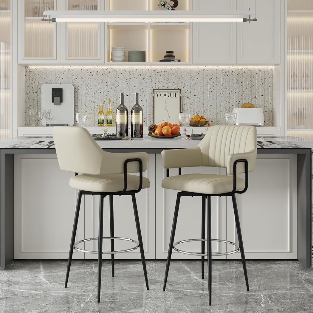 Set of 2 Modern Swivel Bar Stools, 30'' Counter Height Stools with Backrest, Faux Leather Upholstery – Ideal for Kitchen Islands, Home Bars & Dining A