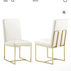 AZhome Dining Chairs, White Faux Leather Dining Room Chairs with Gold Stainless Steel Sled Legs, Set of 2