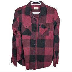 Thread Supply Burgundy Red Black Plaid Button Down Top Women Small
