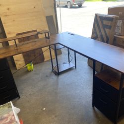 66" L Shaped Desk, 113" Computer Desk with File Cabinet & 4 Fabric Drawers, Home Office Desk