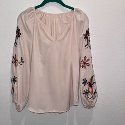 SHEIN Beige Floral Embroidered Boho Blouse