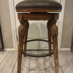 Vintage Carved Swivel Bar Stool Genuine Leather Seat – French Style