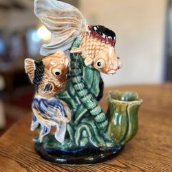 VINTAGE Majolica Gold Fish or Koi Sculptural Piece Hand Made Ceramic