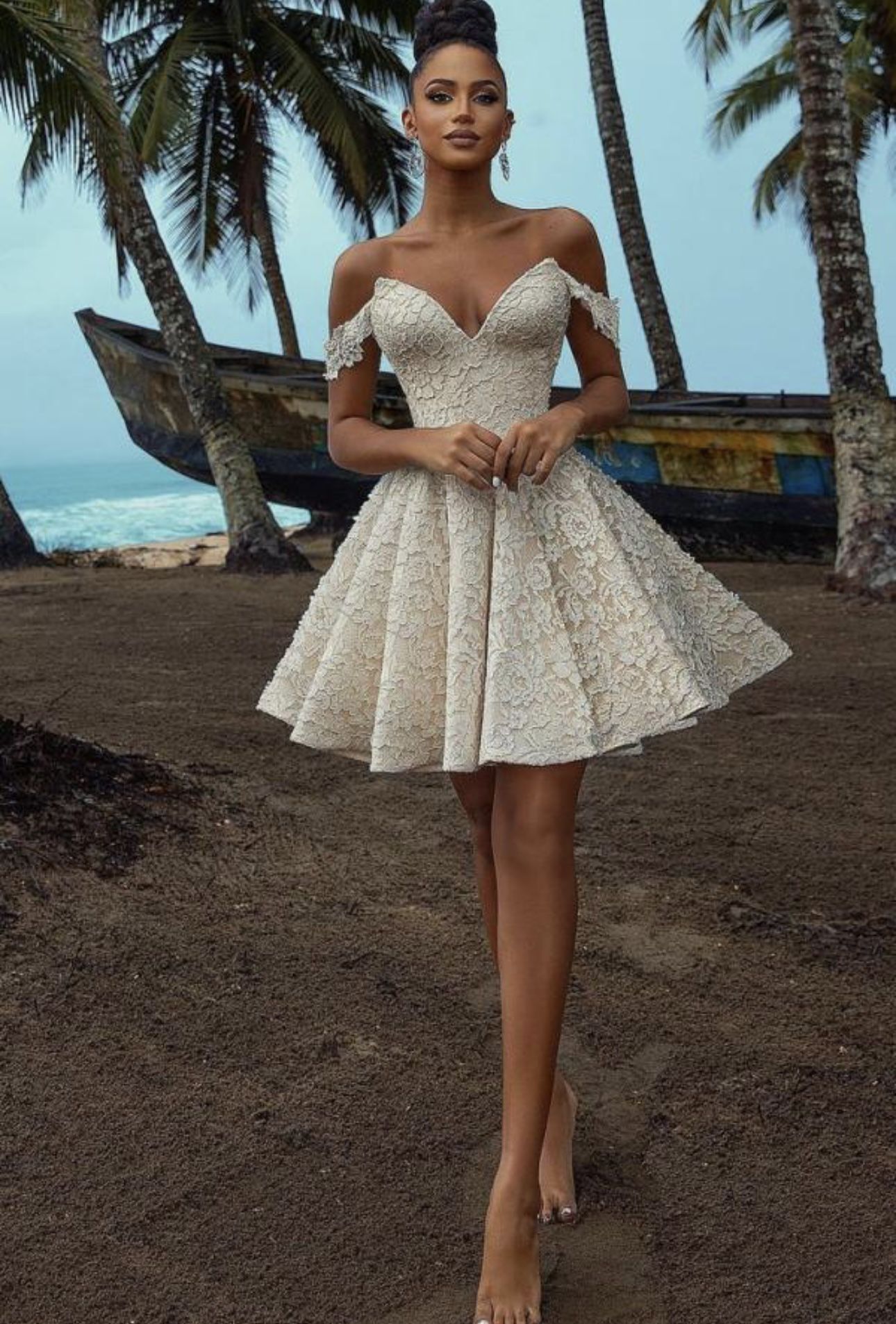 Short A-line Off-the-shoulder White  Dress With Lace