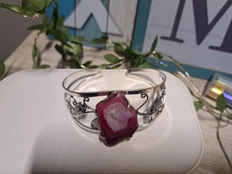 Magenta and silver Geode Agate Women's Cuff Fits Up To 8"