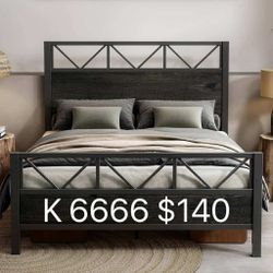 King Bed Frame, Tall Industrial Headboard 51.2 ", Platform Bed Frame with Strong Metal Support, Solid and Stable(6666)