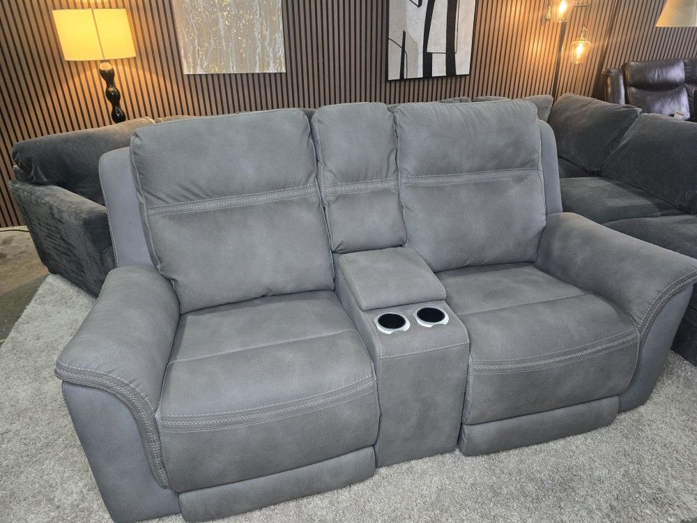 Like New- Ashley Power Reclining Gray Fabric Loveseat with Console
