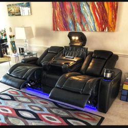 Party Time Black Faux Leather Power Reclining Sofa 👉 LED Light , USB Port, Power Adjustable Headrest☄️ Brand New💯
