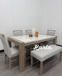 Gorgeous‼️Dining Table Set White Marble Table Top Natural Wood Frame