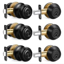 3 Sets Entry Door Knob and Single Cylinder Deadbolt Combo Set, Keyed Alike Round Ball Matte Black Exterior Door Knobs with Lock and Keys for Entrance 