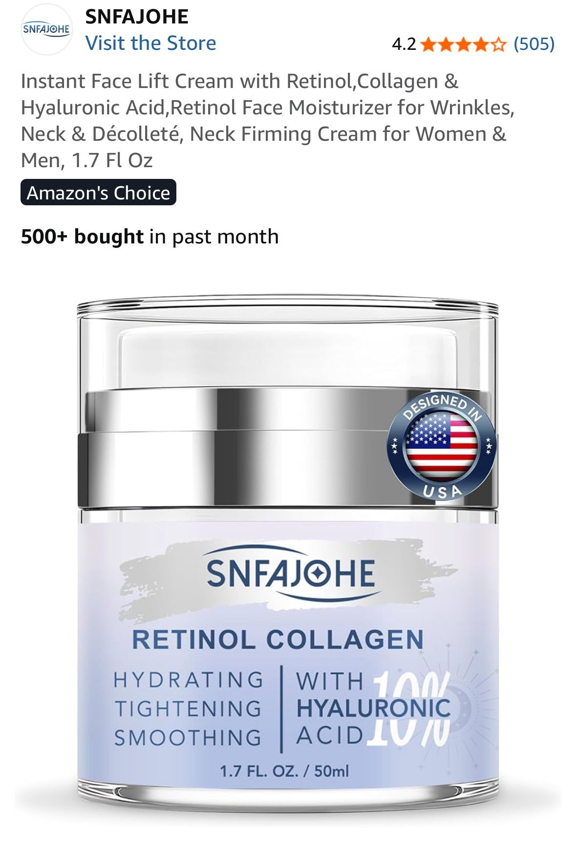 Instant Face Lift Cream with Retinol,Collagen & Hyaluronic Acid,Retinol Face Moisturizer for Wrinkles, Neck & Décolleté, Neck Firming Cream for Women 
