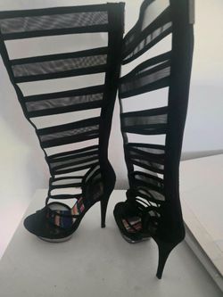 Feisty Black Cutout Strappy Knee-High Platform Heel Boots