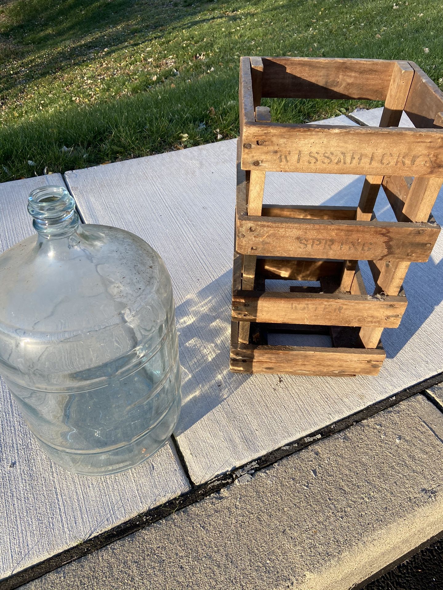 Vintage Antique 5 Gallon water Bottle And Wooden Crate