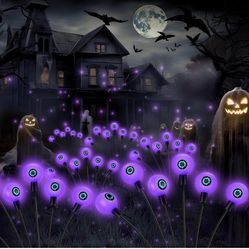 Halloween Decorations Outdoor Solar Lights: 4 Pack 24 LED Scary Eyeballs Purple Halloween Lights, IP65 Waterproof Solar Firefly Halloween Lights for O