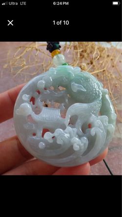 Certificate Jadeite Jade green white feng shui circle landscape Dragon Fish Pendant