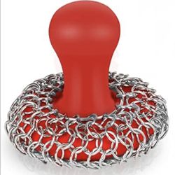 Cast Iron Scrubber w/Silicone Handle, Stainless Steel Chainmail Scrubbing Tool for Cleaning Cast Iron Skillets, Pans, Griddles, Dutch Ovens, Red *NEW*