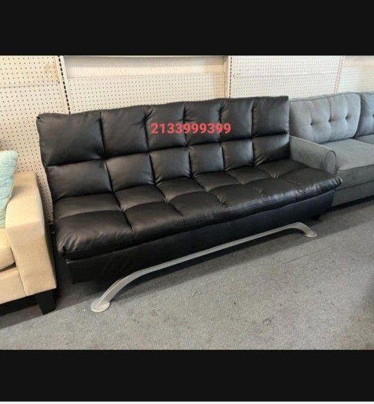 Black Leather Sofa Sleeper Futon New 