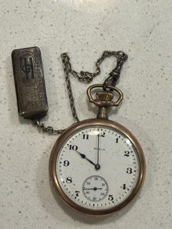 Antique Elgin Pocket Watch Gold Tone Case Hickok Chain Fob