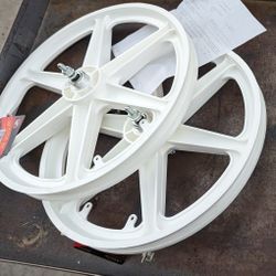 TWO NEW WHITE SIX SPOKE BMX BICYCLE MAGS REAR MAG HAS NEW FREEWHEEL GEAR FOR 20-INCH BICYCLES
