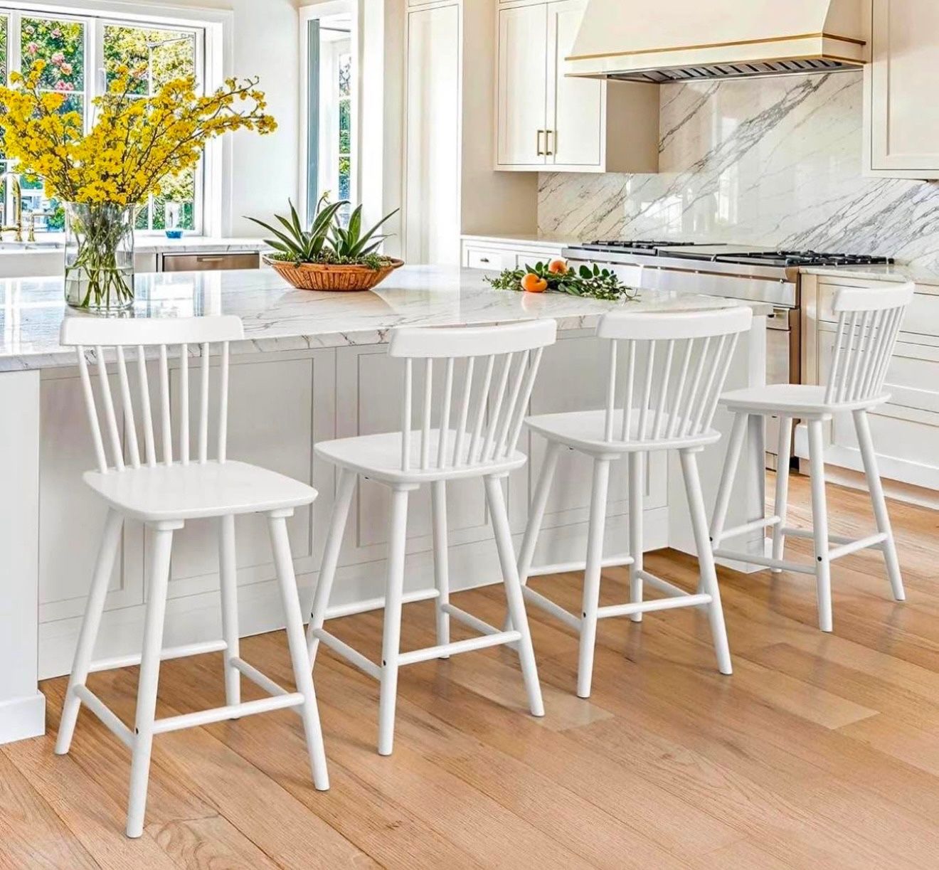 Windsor Wooden White Bar Stools Set of 4, 24 Inch