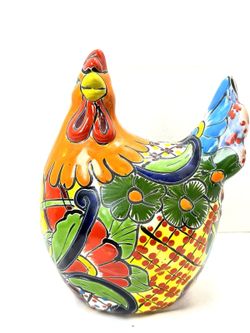 Hand Painted Mexican Talavera Ceramic Chicken Folk Art Figurine Colorful Decor
