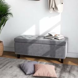 Modern Gray Storage Bench – Upholstered Ottoman with Nailhead Trim