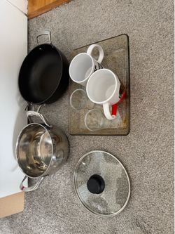 saucepan, frying pan, baking dish, and mugs, all for $15