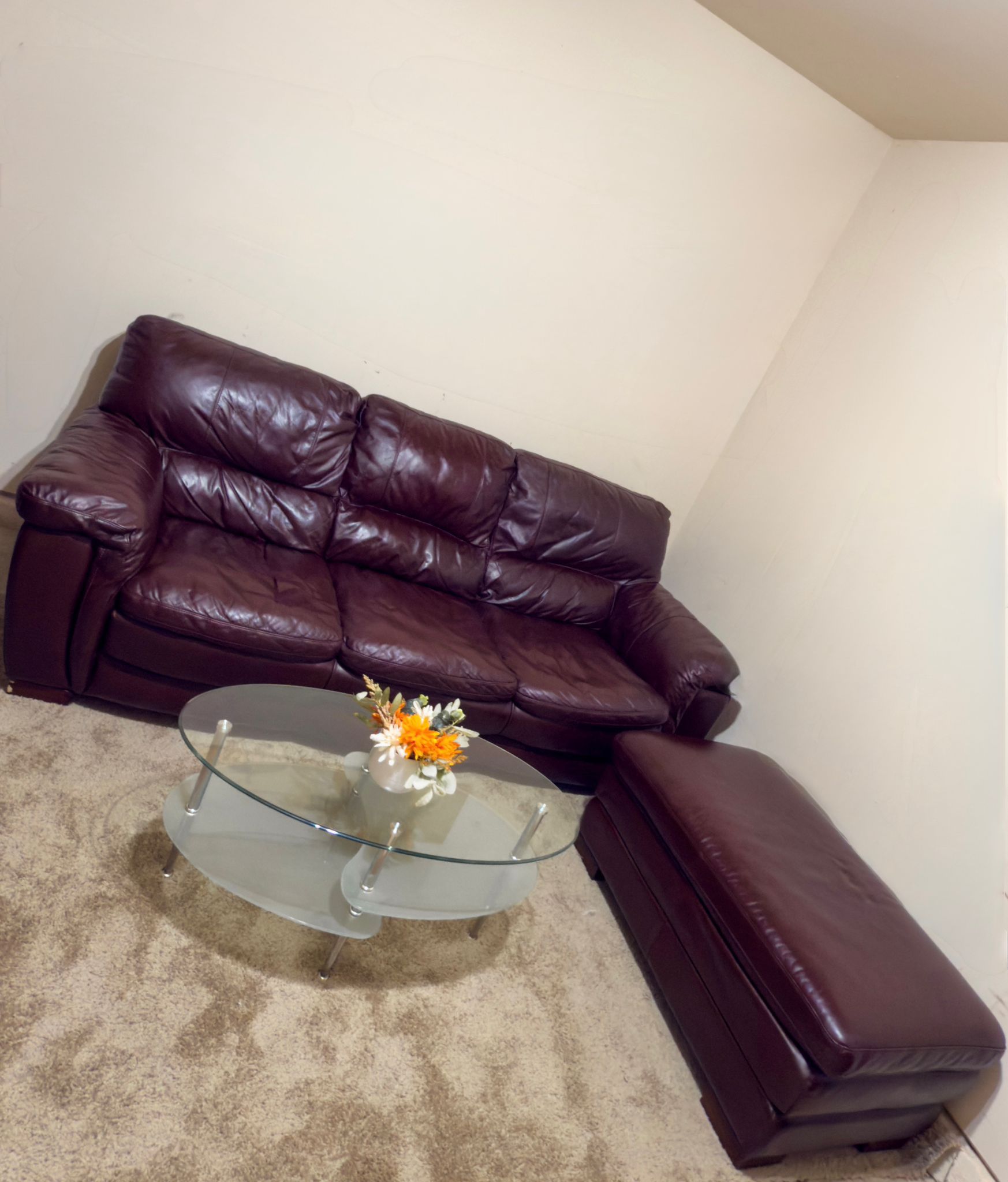 Maroon Leather Couch with Ottoman