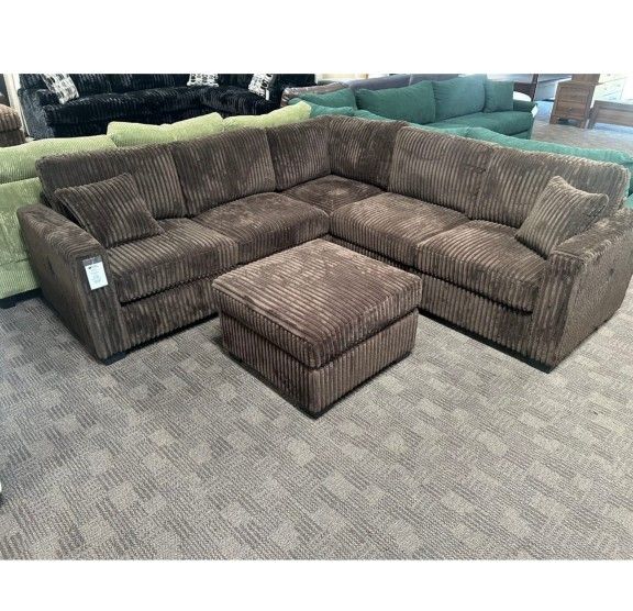 brown corduroy sectional sofa with ottoman