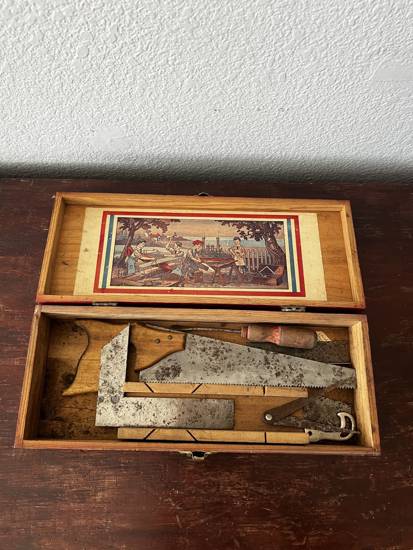 Antique Child’s Carpenter Tool Set – Red Dovetailed Box (c. 1920s–30s)