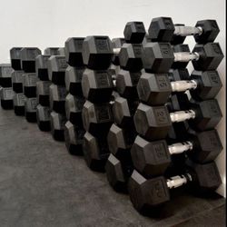 All brand new rubber hex dumbbells 5 pound through 100 pound