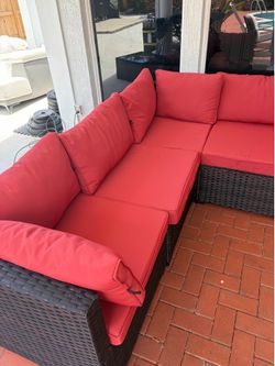 Like-New Red Wicker Patio Sectional + Propane Fire Pit (Complete Outdoor Set)