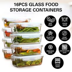 16 Pc (Set of 8) 30 Oz Glass Meal Prep Containers