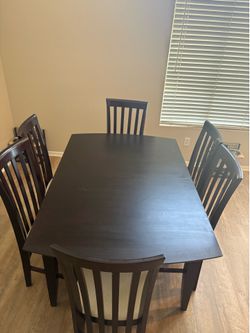 MOVING SALE – Dark Wood Dining Table Set w/ 6 Chairs + Leaf Extension