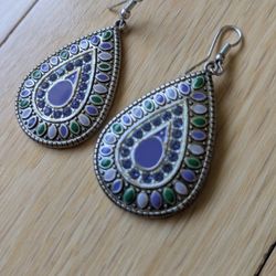 Bohemian Handmade Silver Dangle Earrings Turquoise Natural Tanzanite Gemstones 2". Exquisite!