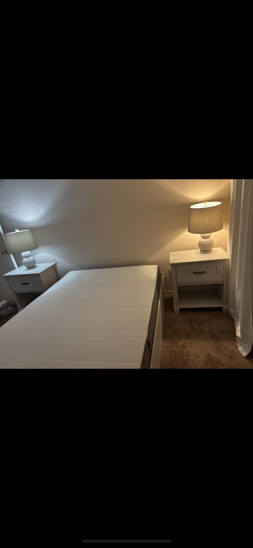 Bed frame, Mattress, And Two Bed Side Tables