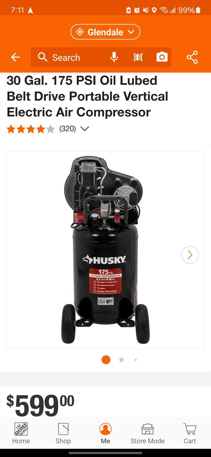 Husky 30 Gal. 175 PSI Oil Lubed Belt Drive Portable Vertical Electric Air Compressor