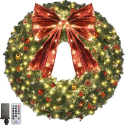 Large Christmas Wreath - 48 inch Outdoor Christmas Wreath with Lights 300 Led - 720 PVC Tips Artificial Xmas Wreaths with Red Bows, Jingle Bells, Pine