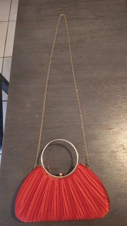 Red Pleated Clutch Bag with Gold Chain