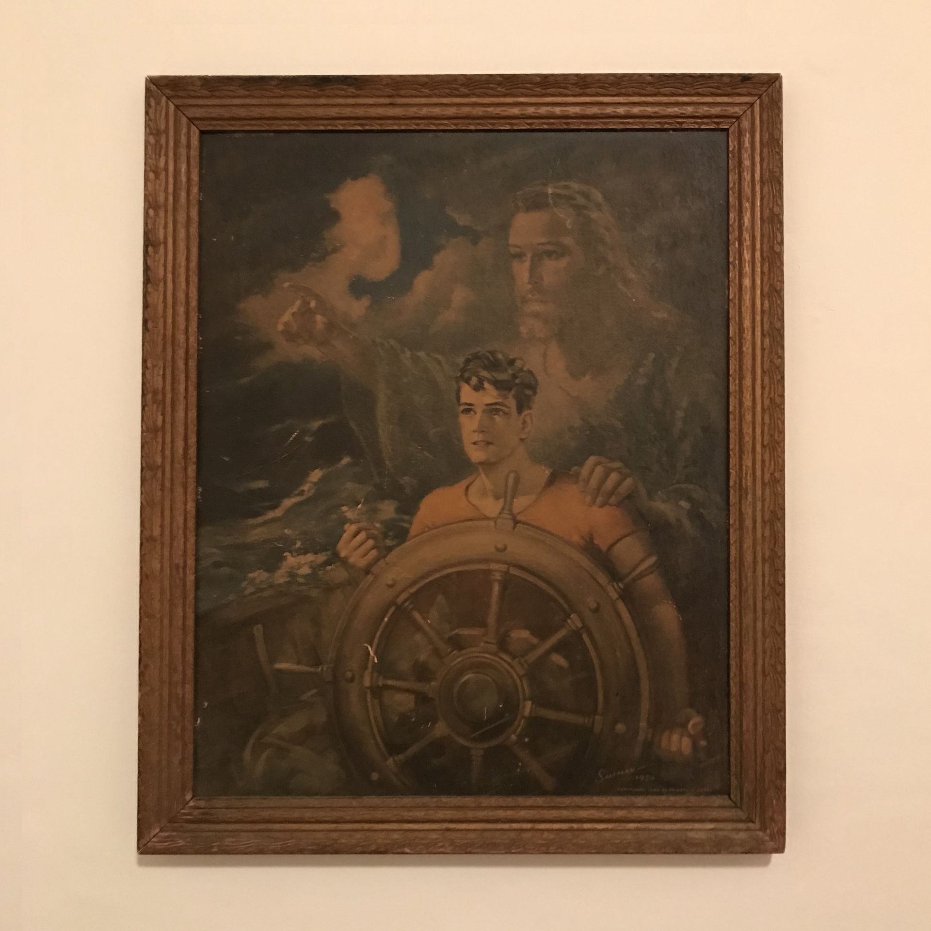 Framed Vintage Print - Jesus at the helm (Sallman)