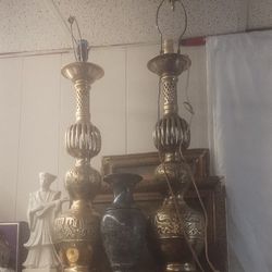 Two Brass Lamps Several Different Kind Of Oil Lamps