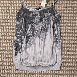 brand new grey silky spaghetti strap top w/ floral design, size  Medium 