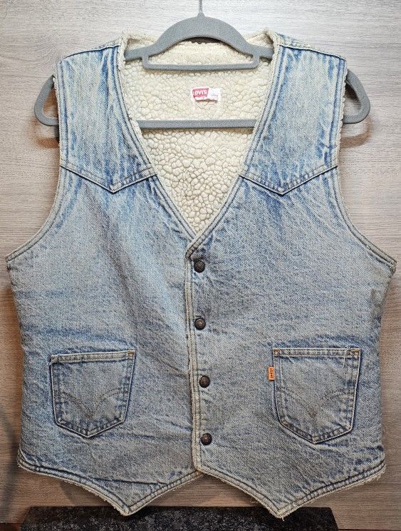 LEVI'S Orange Tab Denim Sherpa Vest Vtg 70s 80s 60 Western Made in USA Men's Large